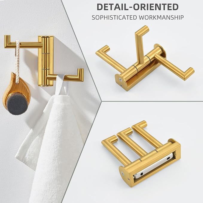 Angle Simple Swivel Towel Hook for Bathroom, Coat Hook Brushed Dark Gold | SUS304 Stainless Steel, 3 Foldable Arms, Space Saving Kitchen Hand Wash Towel Holder, Screws Mounted - Image 9