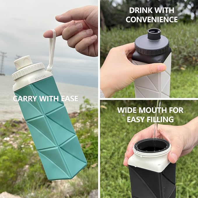 BEAUTAIL Collapsible Water Bottles 21 oz, Silicone Portable Water Bottle | BPA Free, Leakproof & Reusable, Foldable Water Bottle for Travel, Hiking, Camping, Cycling, School, Gym, 2-Pack, Black+Blue - Image 5