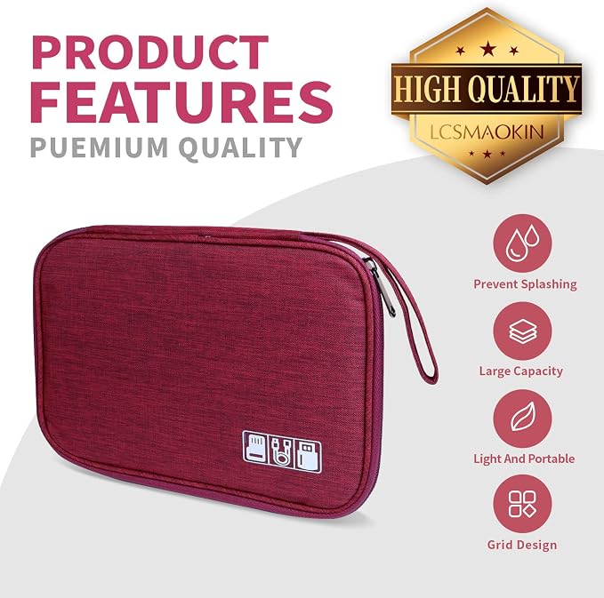 Lcsmaokin Electronics Travel Organizer,Portable Waterproof Electronic Travel Storage Bag for Small Charging Cord Storage,Charger,Small Electronics,SD Card etc,for Travel,Business -Wine Red - Image 2