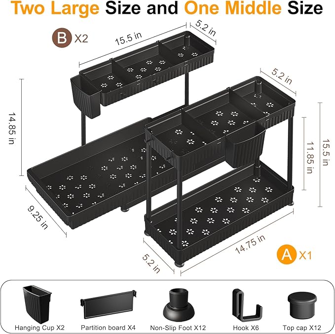 3-Pack 2-Tier L-Shaped Under Sink Organizers with Sliding Drawers | Multi-use kitchen & bathroom storage, 14.85 inch black cabinet organizer, space-saving sliding drawer design. - Image 9