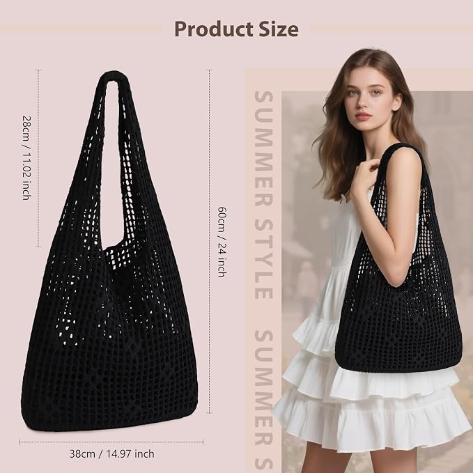 Sightor Crochet Tote Bag, Mesh Beach Bag Knit Summer Hobo Bag for Women | Beach Tote bag Vacation Outfits Aesthetic Boho Bag - Image 2