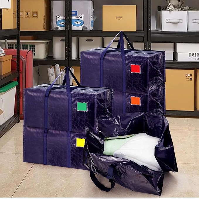 12 Pack Moving Bags with Full-Open Side Zipper, Extra Large 93L Heavy Duty Waterproof Foldable Storage Totes for College Dorm, Moving & Home OrganizationDarkBlue - Image 3