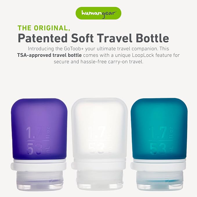 humangear GoToob+ 3-Pack, Small (1.7 fl oz), Clear/Purple/Teal | Refillable & Leak-Proof Silicone Travel Size Bottles with Locking Cap for Toiletries, Camping & TSA Carry-On - Image 2