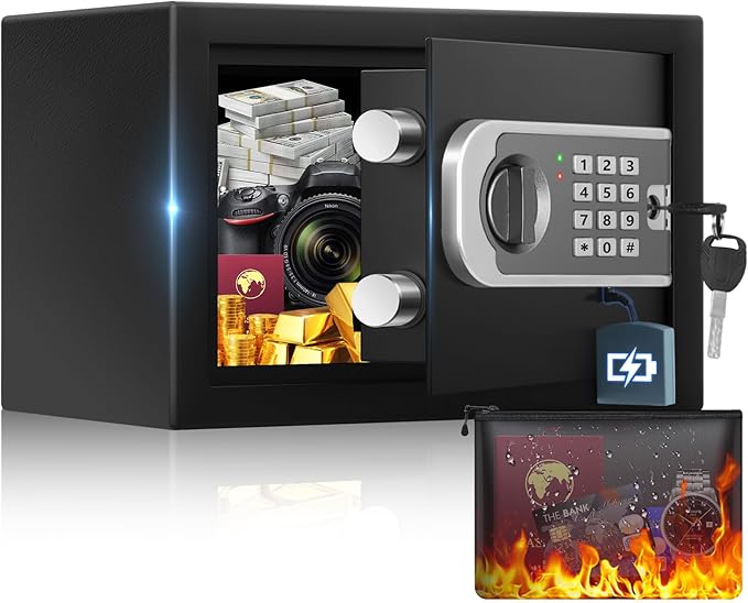 [UPGRADED] Small Safes for Home, 0.30 Cuft Mini Safe Box | with Fireproof Waterproof Bag, Digital Money Safe with Programmable Keypad Spare Keys, Security Cash Box for Money Valuables by FOWORE