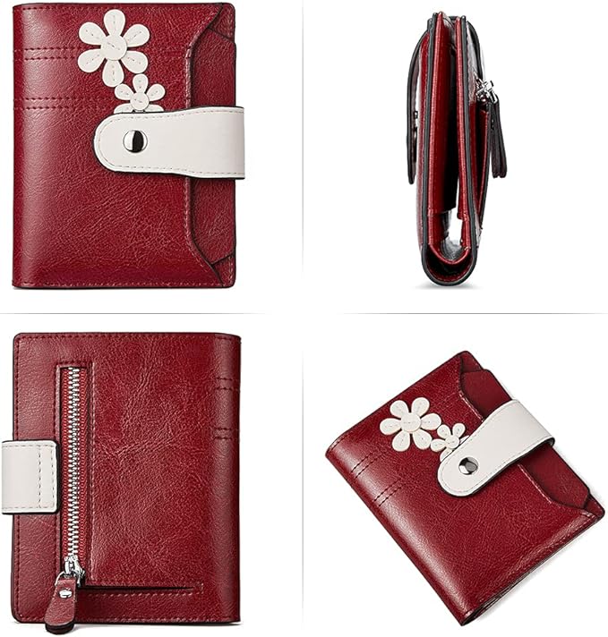 BOSTANTEN Leather Womens Wallet Small RFID Blocking Credit Card Holder | Removable ID Window, Zipper Coin Pocket, Bifold, Minimalist, Fits Small Purses, Daily Use, Ladies Gifts, Floral Pattern Red - Image 5