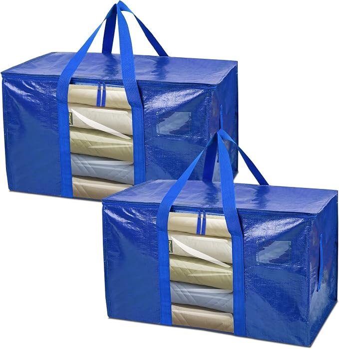 BALEINE 2-Pack Oversized Moving Bags with Reinforced Handles, Heavy-Duty Storage Tote Moving Supplies for Packaging, Camping (Blue w/Window, 2-Pack) by BALEINE