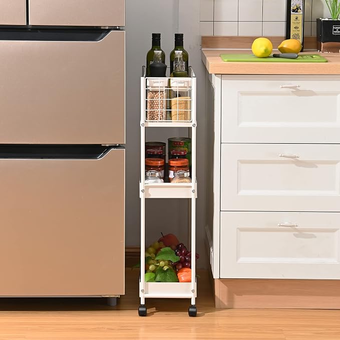 KINGRACK Slim Rolling Storage Cart 3 Tier - Heavy Duty Metal Utility Cart with Raised Edge & Wheels, Narrow Small Mobile Organizer Shelves for Bathroom, Kitchen, Laundry, Office, Living Room, White - Image 7