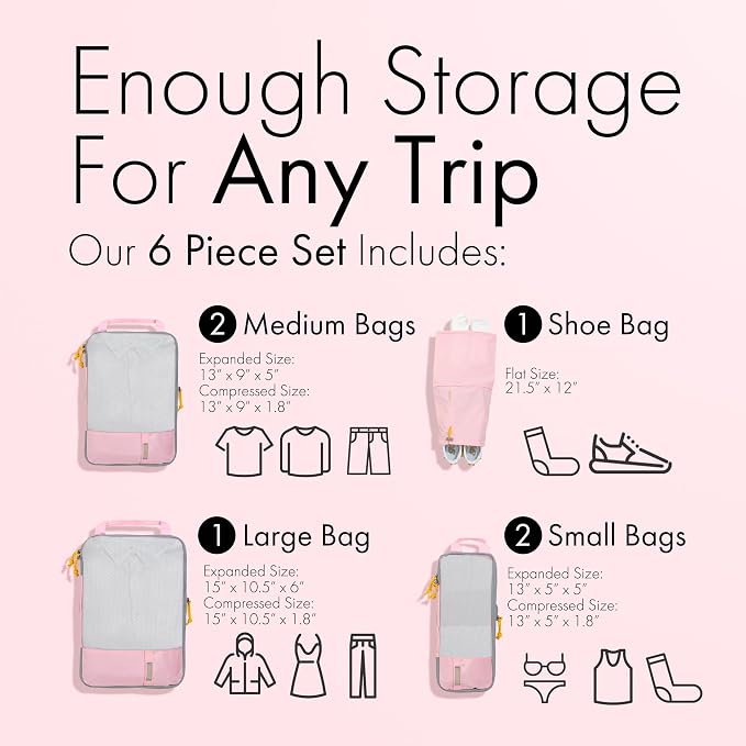 (Not Made In China) 6pc Compression Packing Cubes For Travel, Suitcase and Luggage Space Saver Organizer Bags, Lightweight, Waterproof, Durable, Pink - Image 2