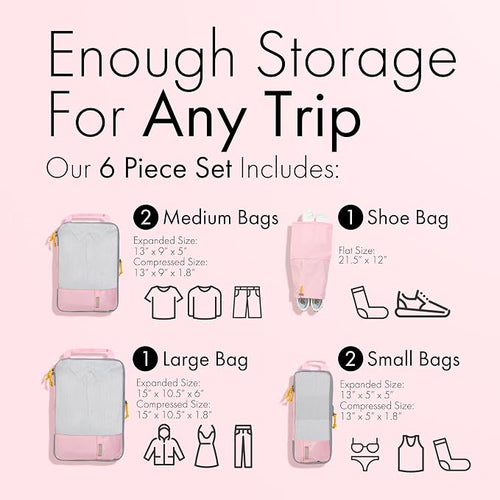 (Not Made In China) 6pc Compression Packing Cubes For Travel, Suitcase and Luggage Space Saver Organizer Bags, Lightweight, Waterproof, Durable, Pink - Image 2
