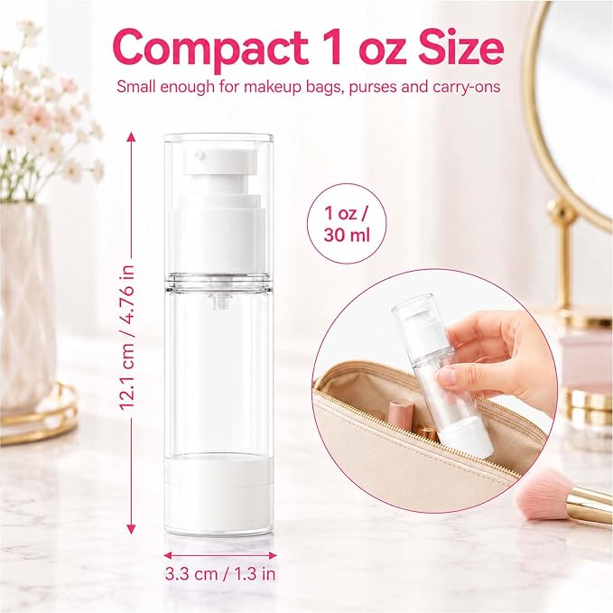 4 Pack Airless Pump Bottles, 1 oz Leakproof Travel Bottles with Pump for Toiletries, Small Empty Containers with Lids for Lotion Creams Serum Skin Care Shampoo Cosmetic Moisturizer Dispenser, Clear - Image 4
