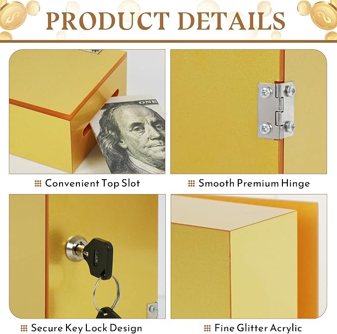 Acrylic Cash Box for Gambler Large+Mini, Sparkling Glitter Gold Winners Bank for Casino, Control Gambler, Compact Portable Secure Money Organizer Safe Lock Box with Keys & Storage Waist Bag - Image 3