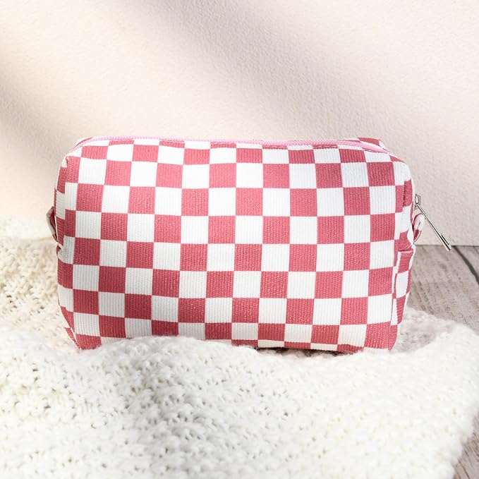 SOIDRAM 2 Pcs Checkered Makeup Bag Large Cosmetic Bag Toiletry Bag Makeup Pouch Travel Bag Organizer Cute Makeup Brushes Aesthetic Accessories Storage Bag for Women Peach Pink - Image 6