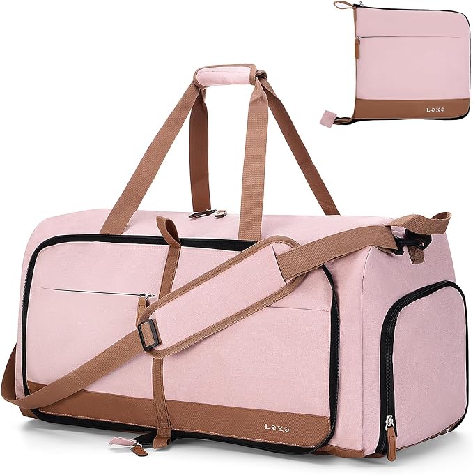 Lekesky Foldable Travel Duffel Bag for Women, 80L Large Duffle Bag with Separate Shoes Compartments & Straps, Carry On Weekend Bag for Women, Hospital, Overnight(Pink) by LEKESKY