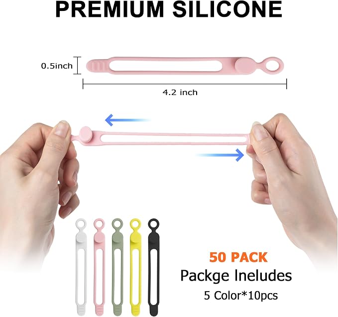 50Pcs Silicone Cable Ties, Cord Organizer Cable Management-Multi | Reusable Cord Ties for Electronics, Office Desk Accessories, Home Travel Essentials, Easy to Use, 4.2 Inch-5 Colors - Image 2