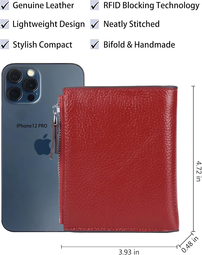 Women's RFID Blocking Leather Small Compact Bi-fold Zipper Pocket Wallet Card Case Purse with id Window - Image 4