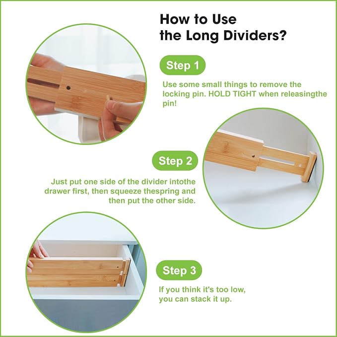 Bamboo Drawer Dividers Organizers, Drawer Separators Splitter,17-22 inches Long Adjustable Spring-loaded Organizer for Large Utensil, Clothes, Tools Drawers(yellow) - Image 7