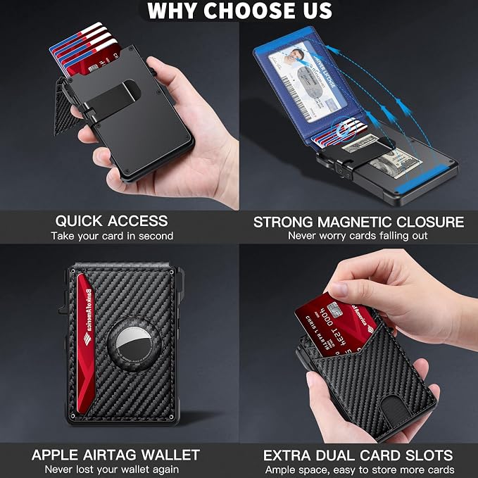 Airtag Wallet for Men, Mens Smart Wallet for Air Tag RFID Blocking, Minimalist Bifold Pop Up Aluminum Credit Card Case Holder 12+ Cards with ID Window, Gift for Men, No Airtag Included, Carbon Blue - Image 6
