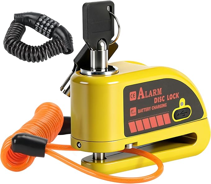 Rechargeable Motorcycle Disc Lock with 120dB Alarm | 5FT Reminder Cable with Anti-Theft Helmet Lock Cable, IP67 Waterproof, Universal Fit for Motorcycle Bike Scooter Ebike by TOKCKYBL