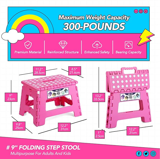Delxo 9 Inch Kids Step Stool,300 Lbs Folding Step Stool for Toddler Pink | Foldable Step Stool,Non-Slip Foot Stools with Handle, Lightweight Collapsible Stool for Kitchen,Bathroom,Bedroom,Garden - Image 2