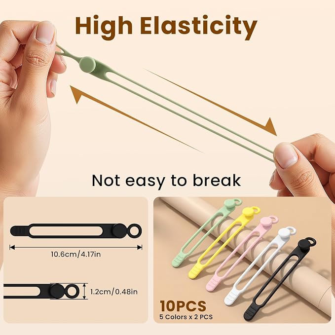 10 Pcs Silicone Cable Ties, Reusable Data Cable Organizer for Home Office | High Elastic, Multipurpose, Cable Management for Charging Cord, Electronics, Computer, Appliances, Travel Essentials - Image 2