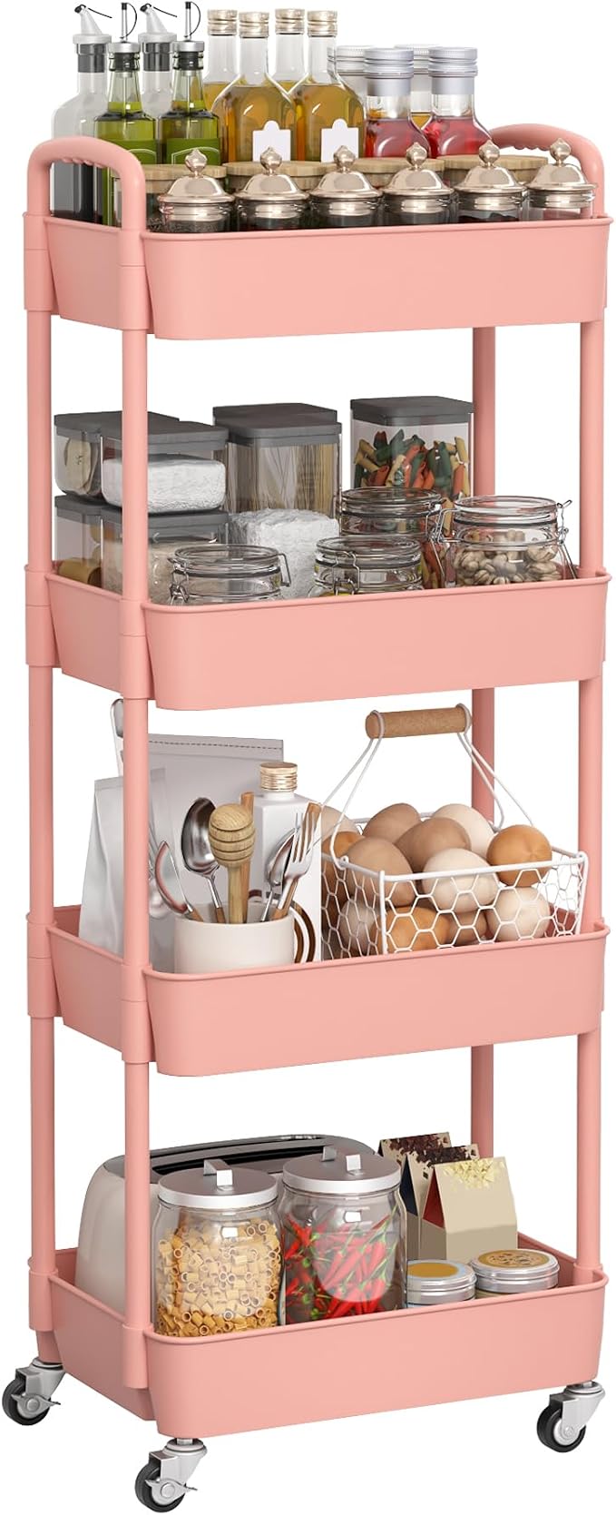 Sywhitta 4-Tier Plastic Rolling Utility Cart with Wheels for Storage, Pink | Multi-Functional Storage Trolley, for Office, Living Room, Kitchen, Bathroom,Movable Organizer,Space-Saving,Easy to assemble - Image 7