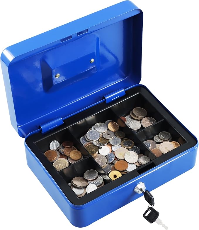xydled Large Cash Box with Lock, Removable Coin Tray, Steel Money Box, Blue | Steel Cash Box with Key Lock, Removable Tray & Carry Handle, for Office, Retail, Home, and Money Storage, 9.8"x 7.8"x 3.5" - Image 3
