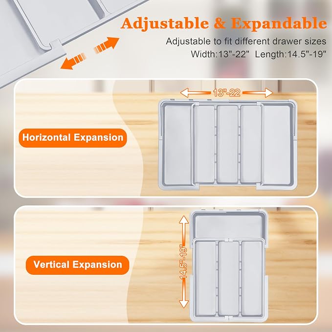 Large Utensil Drawer Organizer Expandable Silverware Organizer for Kitchen Drawer Adjustable Cooking Utensil Holder Cutlery Flatware Tray Spatula Tools Gadgets Storage Dividers Plastic Grey - Image 5