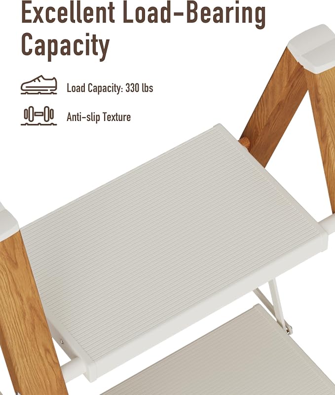 Mayi Plus 2 Step Stool Foldable, Aluminum, Lightweight Step Ladder | Extra-wide anti-slip folding steps with 330 lbs, for home,kitchen,office,outdoor,White & Woodgrain - Image 7