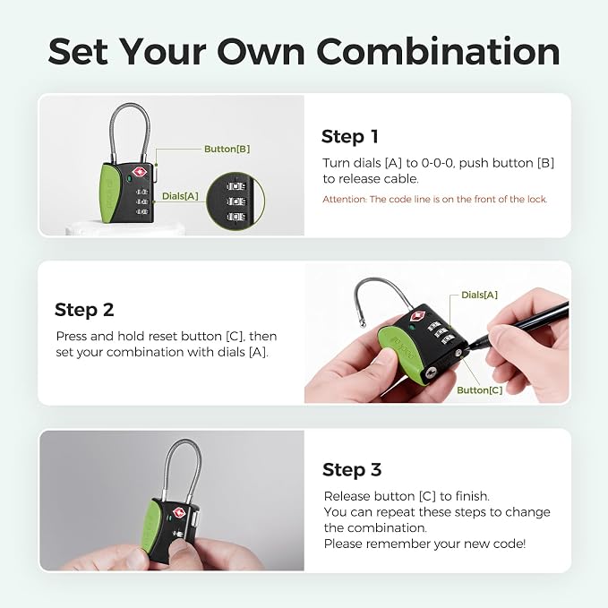 pack all TSA Approved Travel Luggage Locks, Resettable 3-Digit Code | Open Alert Indicator, Flexible Steel Cable, Zinc Alloy Body, Clear Number Dials, For Suitcase, Toolbox, Backpack, 1 Pack - Image 9