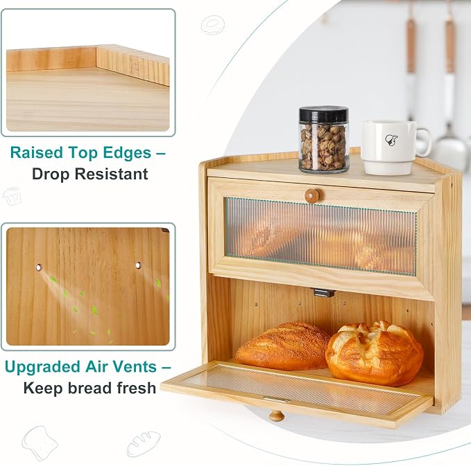 Sunhoo Bread Box for Kitchen Countertop Corner Large Wooden Bread Bin 2 Tier Rustic Food Storage Container with Acrylic Window Farmhouse Keeper Shelf Organizer for Loaves Pastries & Snacks (Yellow) - Image 2