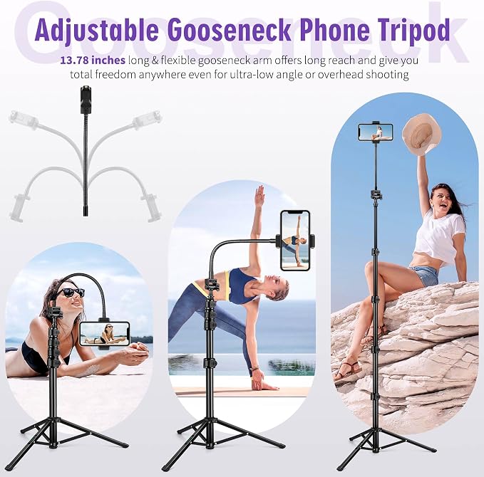 80" Phone Tripod, Selfie Stick, Aluminum Cellphone Tripod Stand | for Video Photo Vlog, Travel Tripods with Gooseneck Remote Phone Holder, Compatible with iPhone Android Smartphone - Image 2
