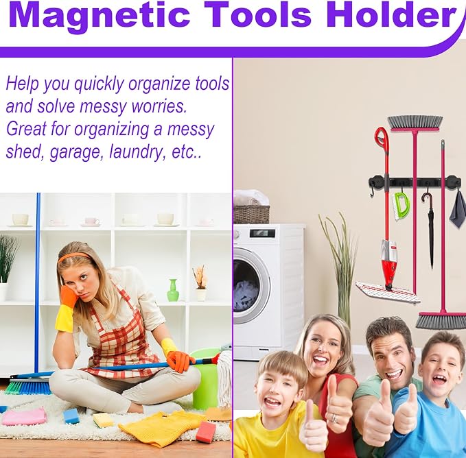 Heavy Duty Magnetic Mop Broom Holder with Swivel Hooks | Strong Magnet Mount Tool Hanger Organize System Utility Rack for Refrigerators Laundry Garage Kitchen - Image 2