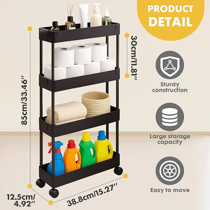 ShellKingdom 4 Tier Bathroom Storage Organizer, Slim Rolling Storage Cart for Narrow Space, Mobile Shelving Unit with Lockable Wheels and Hooks for Bathroom, Kitchen, Laundry Movable Shelf (Black) - Image 7