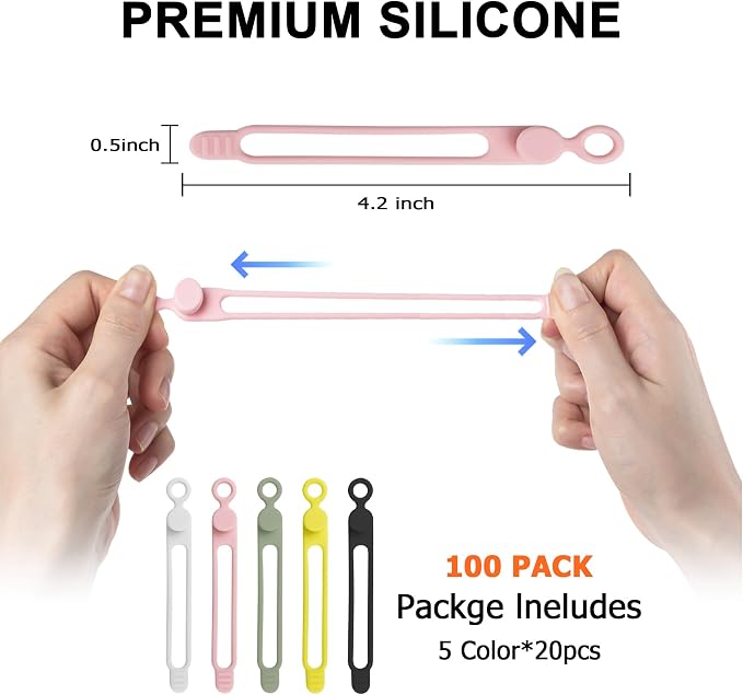 100Pcs Silicone Cable Ties, Cord Organizer Cable Management-Multi | Reusable Cord Ties for Electronics, Office Desk Accessories, Home Travel Essentials, Easy to Use, 4.2 Inch-5 Colors - Image 2