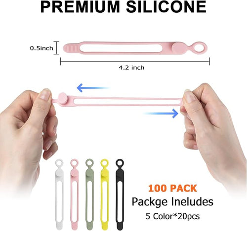 100Pcs Silicone Cable Ties, Cord Organizer Cable Management-Multi | Reusable Cord Ties for Electronics, Office Desk Accessories, Home Travel Essentials, Easy to Use, 4.2 Inch-5 Colors - Image 2