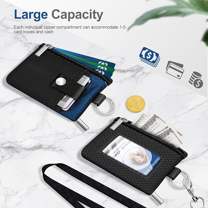 Minimalist RFID Blocking Small Wallet with ID Window,WaterResistant Zip Id Case Wallet with Lanyard Keychain for Cards,Cash,Travel,Women,Men (Black/Electric Blue) - Image 7