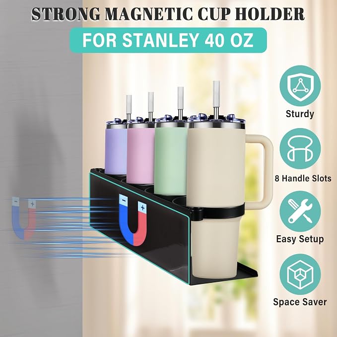 Magnetic Cup Holder for Fridge,8 Cups Water Bottle Organizer for Stanley 30 40 oz with Tumbler Lid Organizer,High Capacity Heavy Duty Kitchen Storage Rack Accessories - Image 3