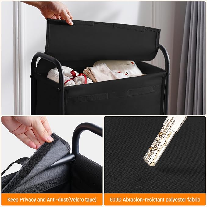 ELYKEN Slim Laundry Hamper with Lid & Wheels, 50L Rolling Laundry Basket | 7.9" Narrow Design, 50L, Removable Liner Bag, Lockable Wheels, Space Saving Clothes Hamper for Bathroom, Bedroom, Closet - Image 5