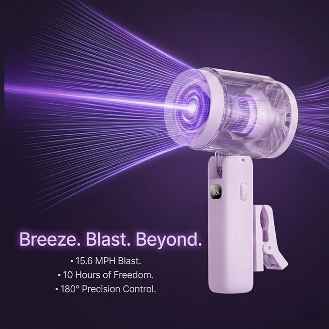 fygurso Personal Portable Clip-on Handheld Fan Rechargeable, Purple | Neck-Crossbody fit lanyard. Detachable clip. 10H battery. LED monitor. 5-Speed from 30dB low noise to 10000rpm blast. - Image 7