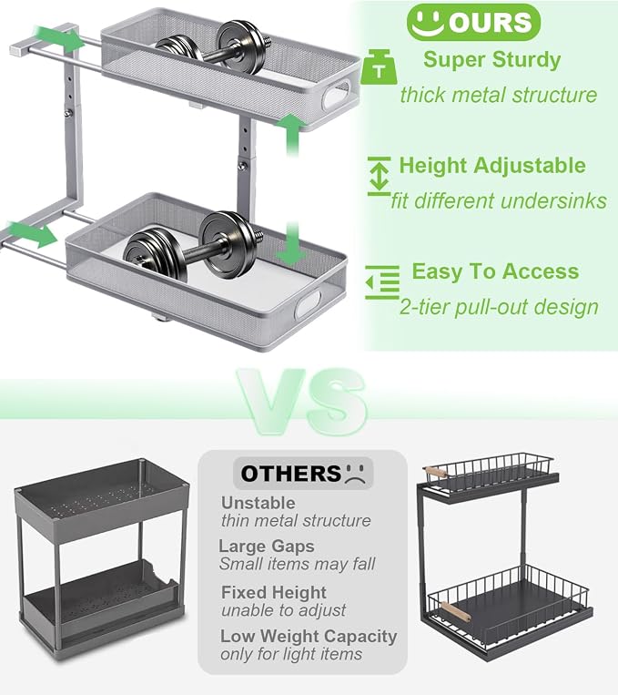 Under Sink Organizer 2 Pack, High Adjustable 2 Tier Under Sink Organizers and Storage, Slide out Metal Cabinet Organizers, Pull out Storage Drawer Shelf for Kitchen Bathroom Cabinet (Gray) - Image 2