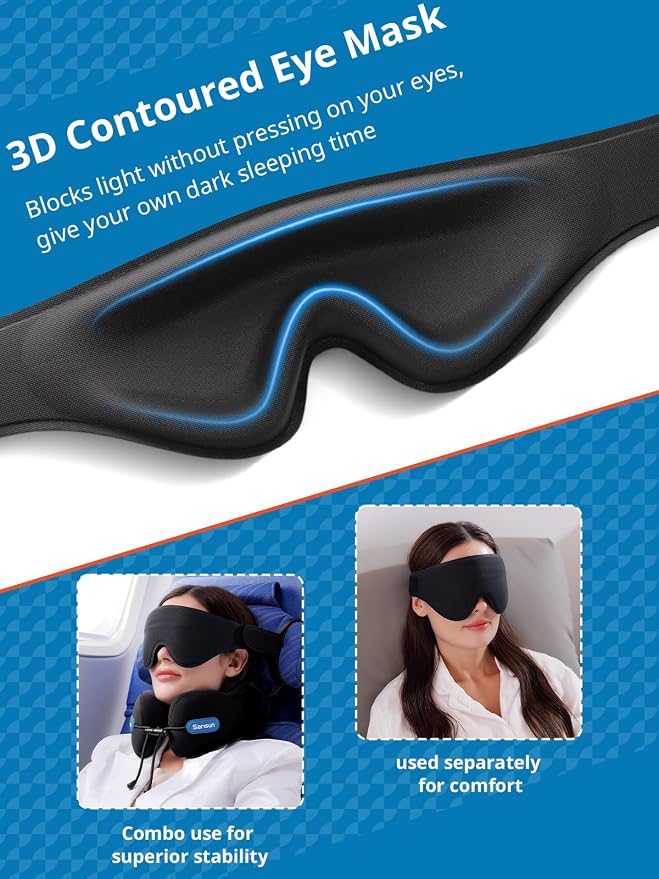 SARISUN Travel Neck Pillow with Strap & Eye Mask for Airplane Sleep Support | Airplane Pillow with Memory Foam, 3D Sleep Mask, for Comfort Sleep on Long Flight/Car Trip/Train Travel Essentials Black&Grey - Image 6