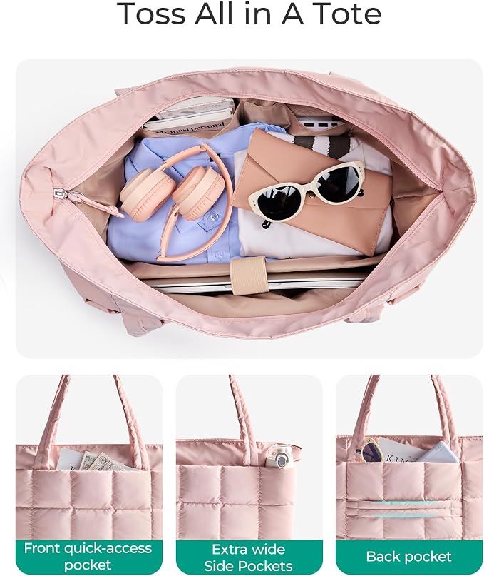 BAGSMART Expandable Tote Bag for Women, Puffer Work Tote Travel Bag | Quilted Carry On Bag for Travel Work Gym College, Waterproof Travel essentials - Image 5