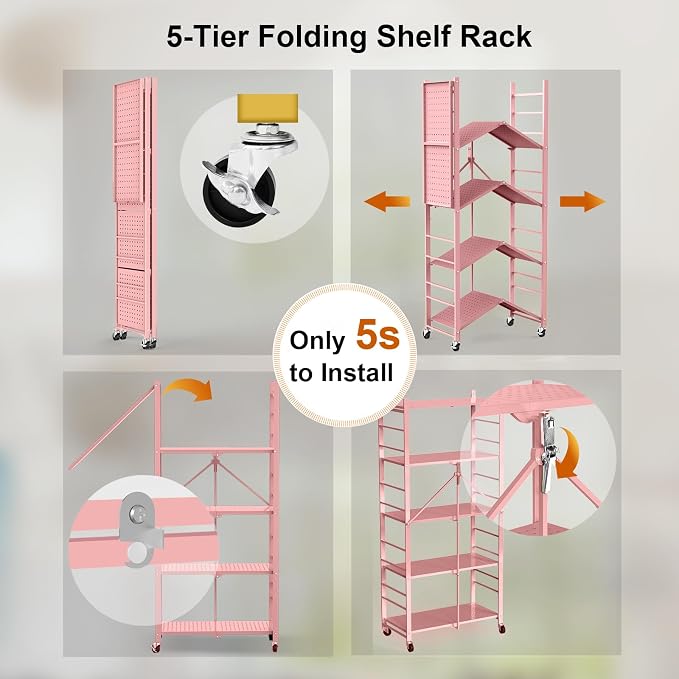 Himix 5-Tier Folding Storage Shelves with 20 Hooks Wheels Home Pink | Folding shelving units, Metal collapsible organization, Wire shelf, No assembly, Kitchen, Room, Holds 440 Ibs No assembly - Image 5