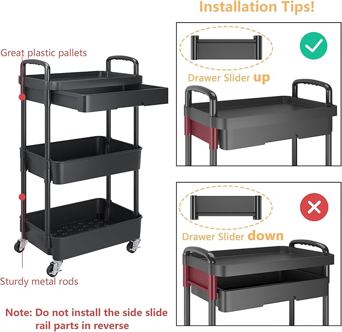 Calmootey 3-Tier Utility Cart with Drawer & Wheels, Storage for Home,Office | Space-Saving Organizer, Sturdy Plastic Shelves, Smooth-Rolling Metal Wheels, Built-in Drawer for Small Items, Black - Image 6