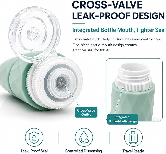 Travel Bottles for Toiletries, TSA Approved 3oz Leak Proof Silicone Travel Size Containers with Cross-Valve Cap, Refillable Bottles with Labels & Clear Bag for Shampoo, Body Wash (4 Pack-Grey) - Image 7