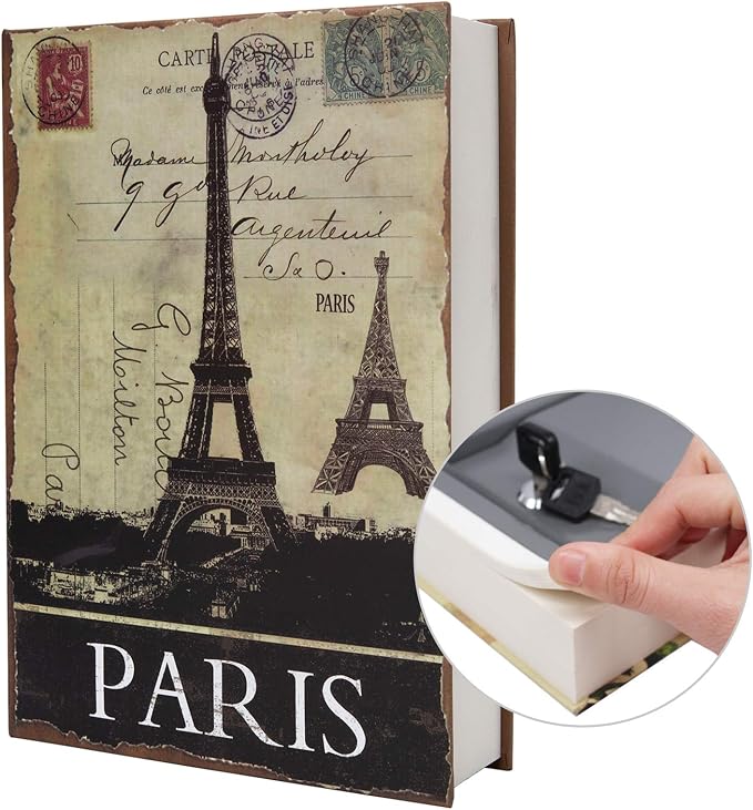 Real Paper Transfer Book Safe, Hollow with Secret Hidden Compartment, Key Lock, 8.7"×6"×2" (Paris-Key) by PACOLO
