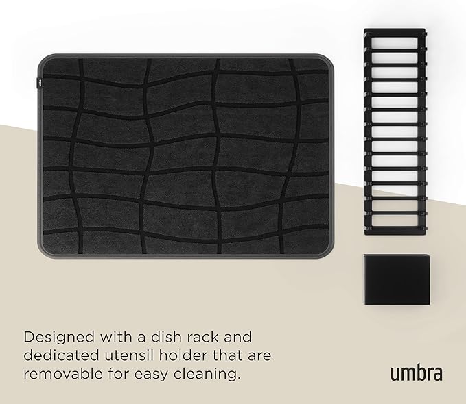 Umbra Udry Dish Drying Rack with Microfiber Mat, Foldable Drainer, Black | Machine washable, protects countertops, utensil holder, compact space saving design - Image 6