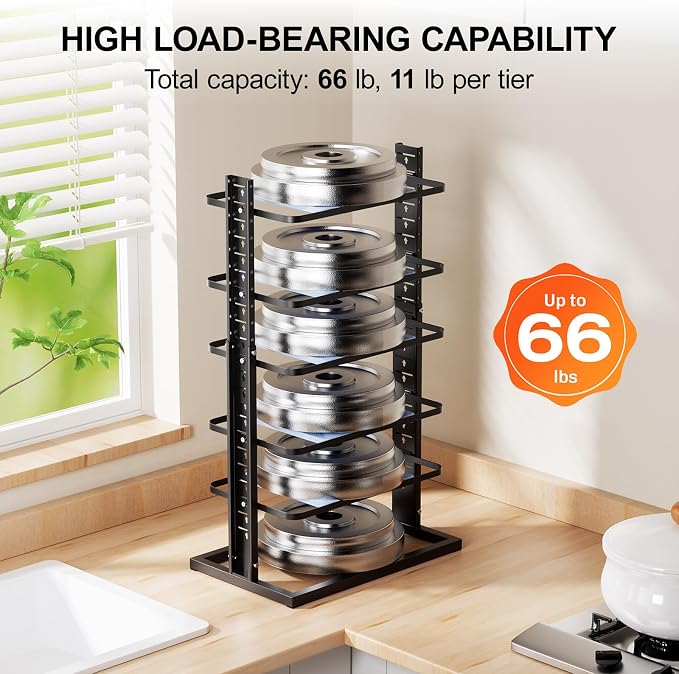 LAMU Pots and Pans Organizer for under Cabinet, 6-Tier Heavy Duty Pan Pot Organizers inside Cabinet Adjustable 14 to 24.57", Pot Rack Kitchen Cabinet Organization and Storage Holds up to 12" Cookware - Image 3