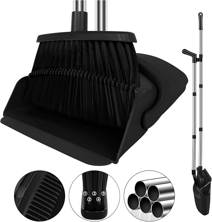 Black Broom and Dustpan Combo Set, 51" Long Handle Broom | Hands-Free Pet Hair Cleaning, Built-in Comb Dustpan, Space-Saving Storage, Multi-Surface Use for Home, Kitchen & Office by UDUK