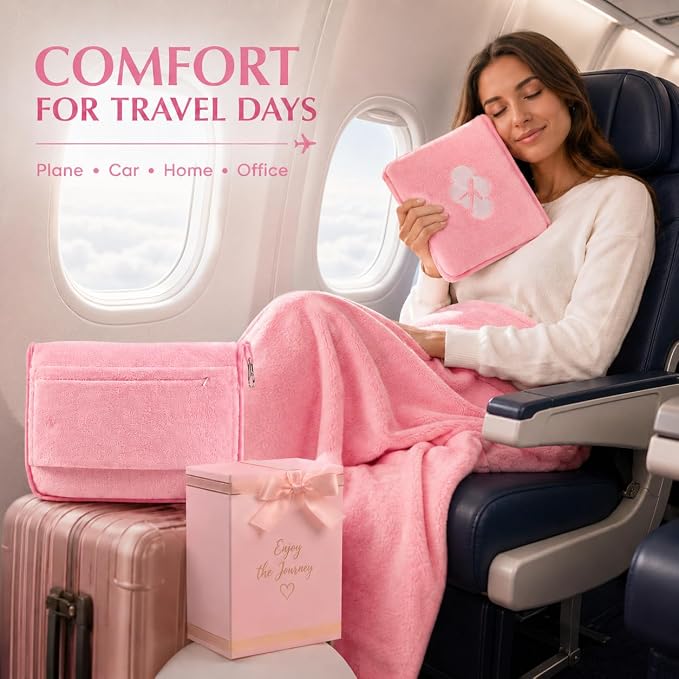 Blanket Pillow for Airplane Travel Essentials -3 In 1 Plane Travel Set Pink | Memory Foam, Compact with Bag, Fleece Soft for Long Flight Traveling Car Road Trip Flying Accessories, for Adult Women - Image 7